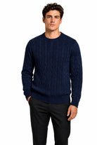 Men's Navy 100% Cotton Fine Cable Knit Crew Neck Jumper CAVANI