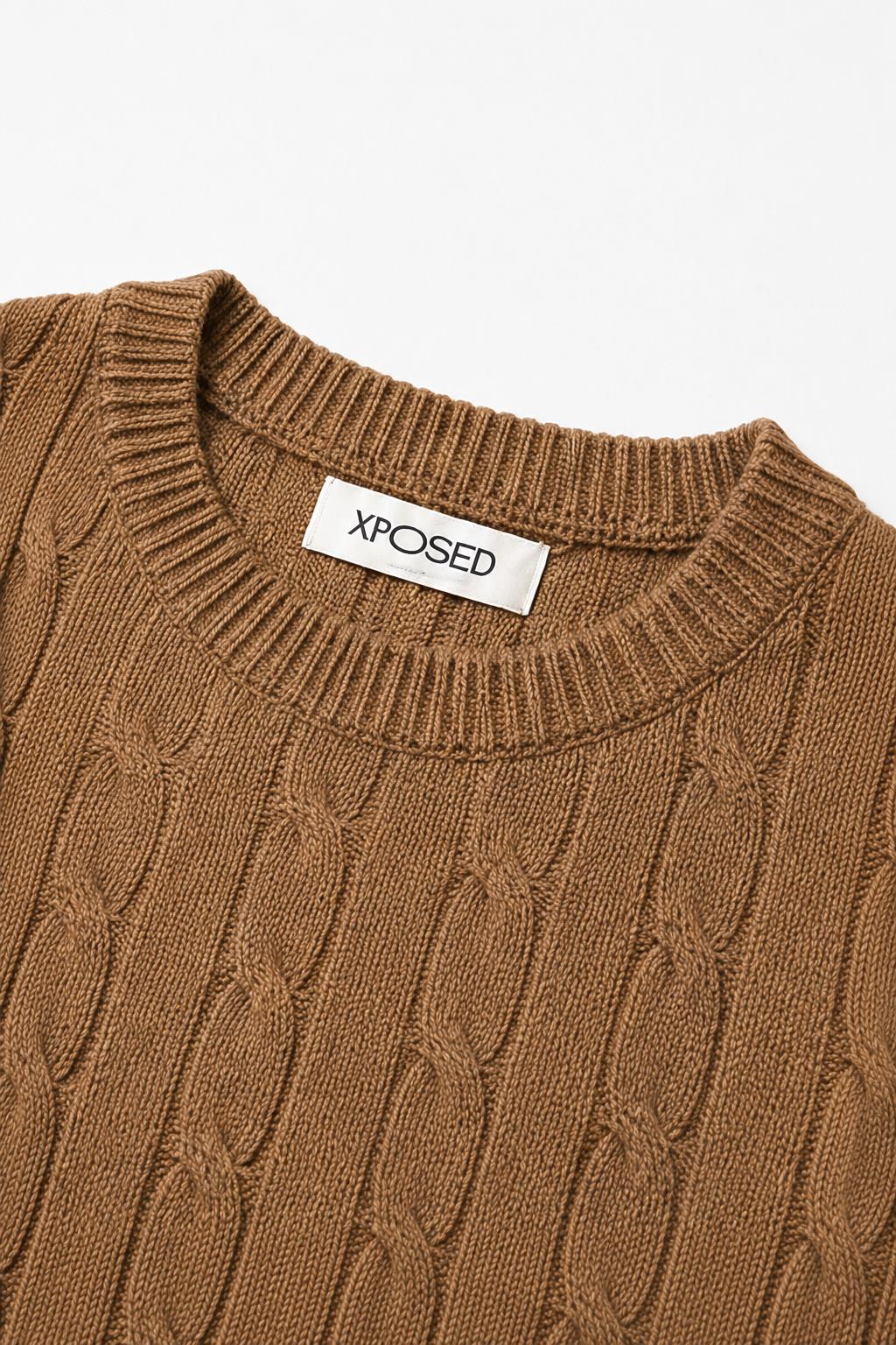 Men's Camel 100% Cotton Fine Cable Knit Crew Neck Jumper CAVANI