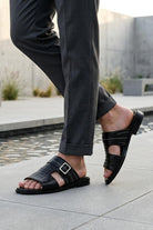 Men's Ade Black Handmade Real Leather Open-Toe Sandals Sartorial Shoes