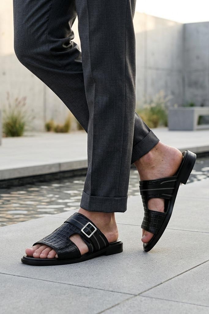Men's Ade Black Handmade Real Leather Open-Toe Sandals Sartorial Shoes