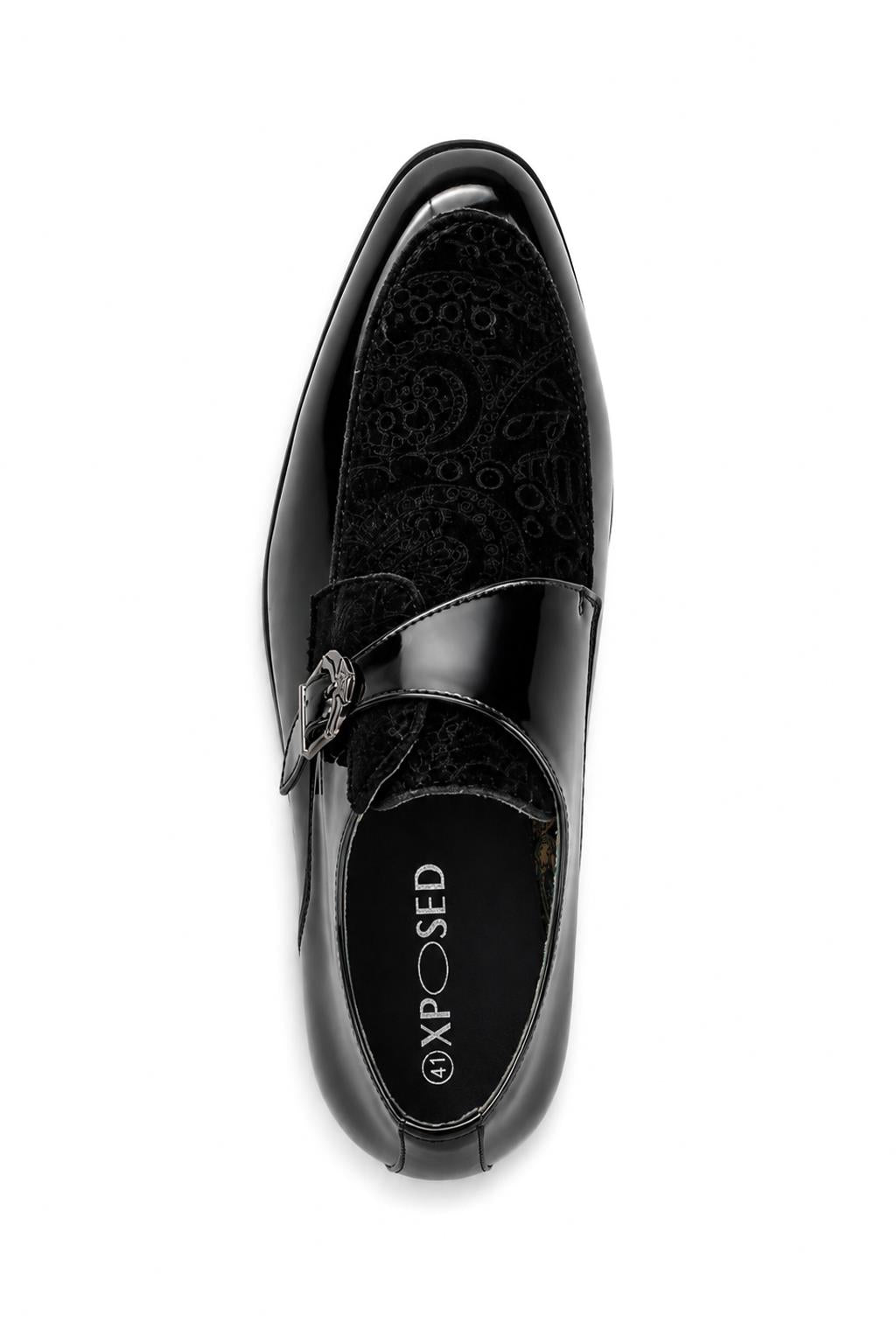 Men's Black Floral Velvet Monk Strap Dress Shoes Sartorial Shoes