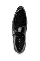 Men's Black Floral Velvet Monk Strap Dress Shoes Sartorial Shoes