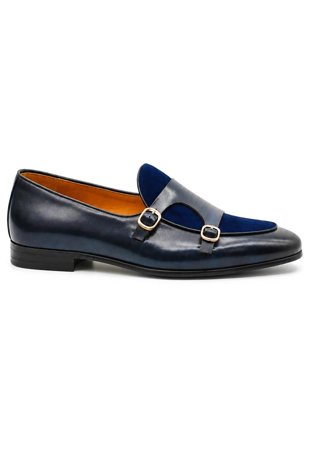 SOREN Men’s Navy Blue Leather & Suede Double Monk Shoes Sartorial Shoes