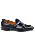 SOREN Men’s Navy Blue Leather & Suede Double Monk Shoes Sartorial Shoes