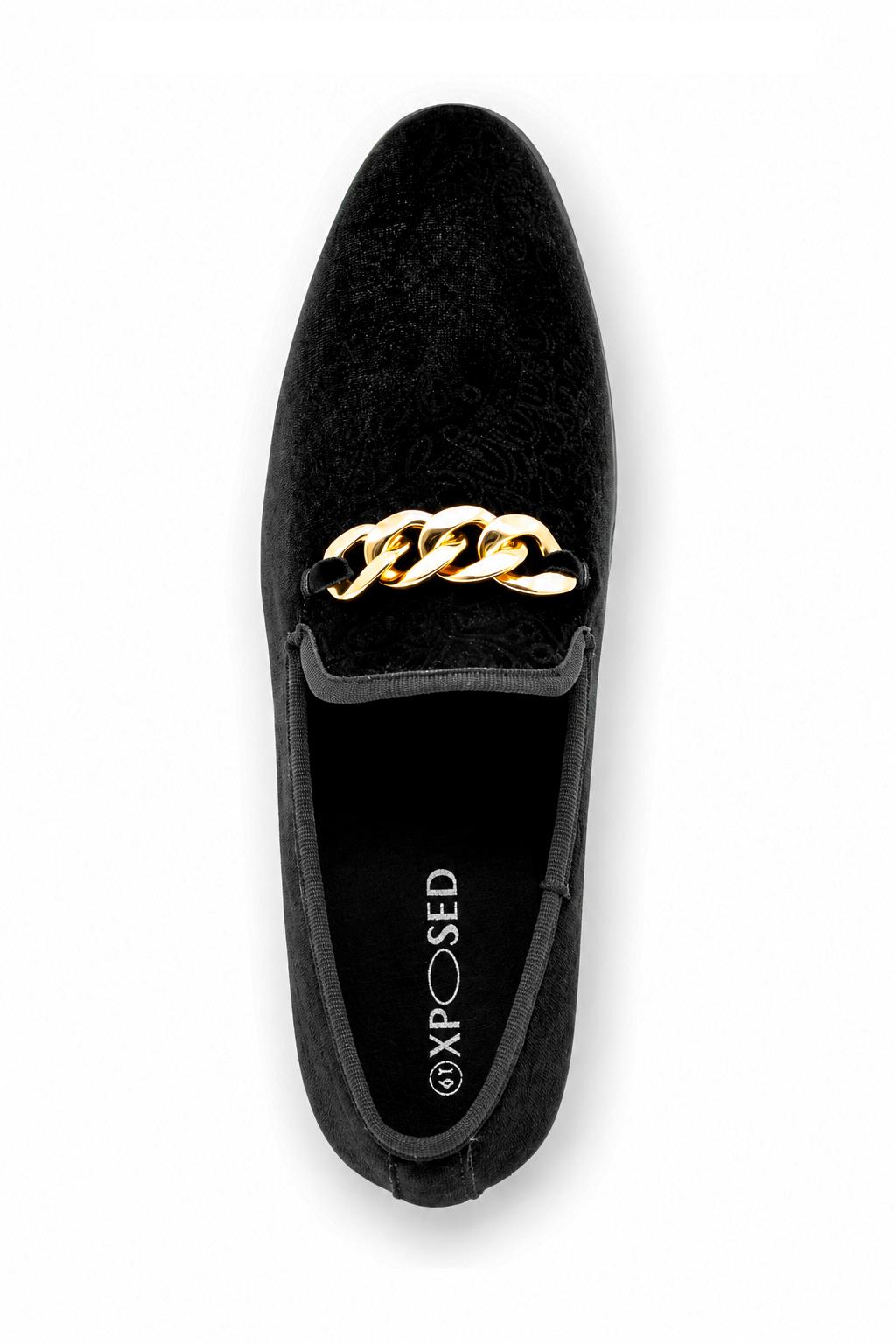 Men's Black Floral Velvet Gold Chain Wedding Loafers Sartorial Shoes