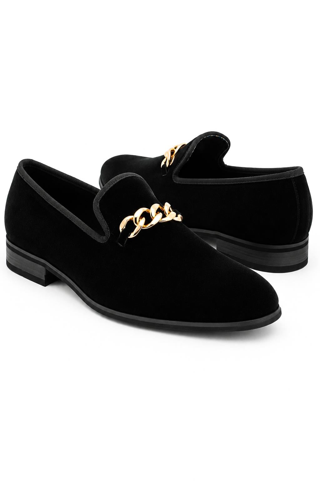 Men's Black Smooth Velvet Gold Chain Dress Loafers Sartorial Shoes