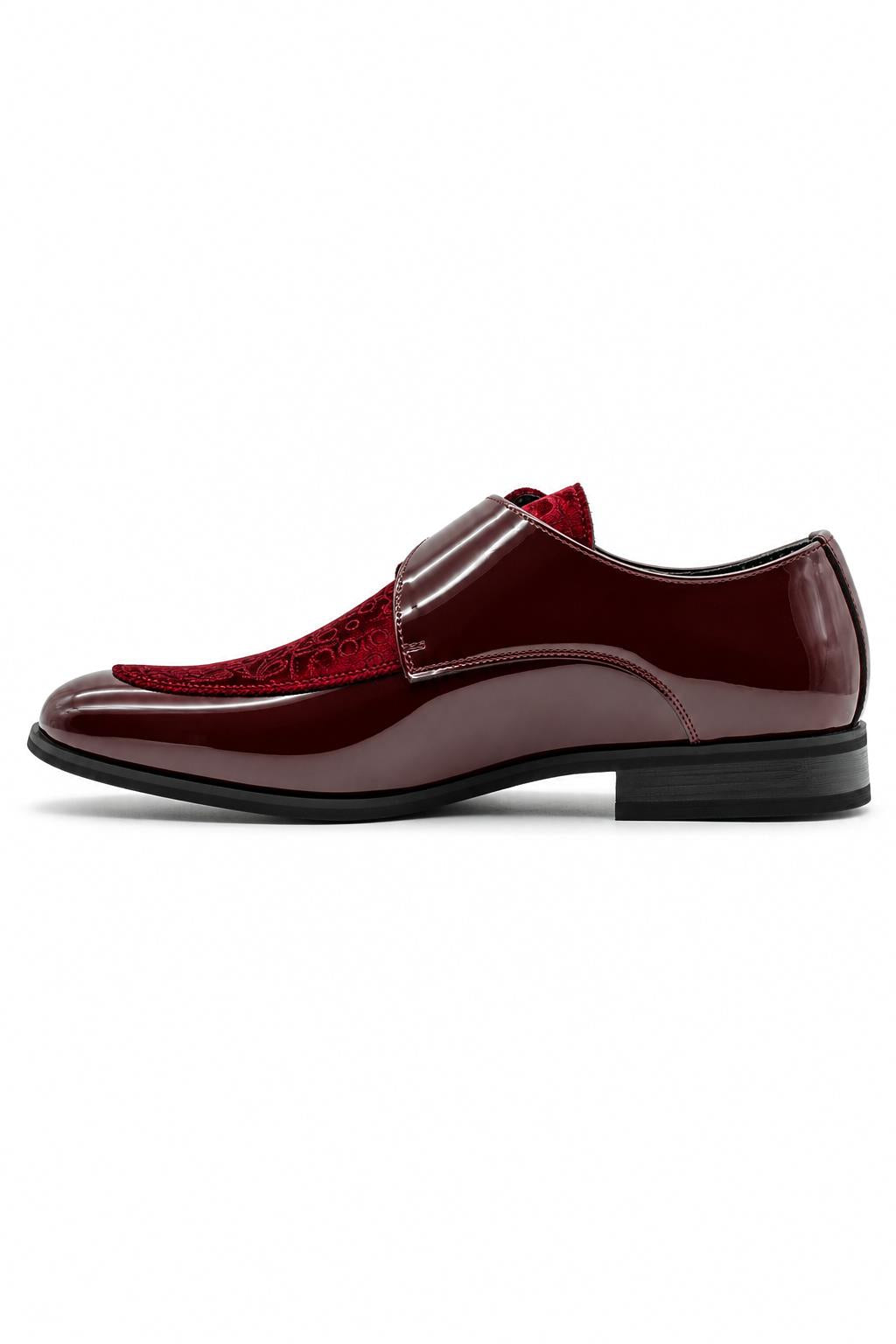 Men's Maroon Floral Velvet Monk Strap Dress Shoes Sartorial Shoes