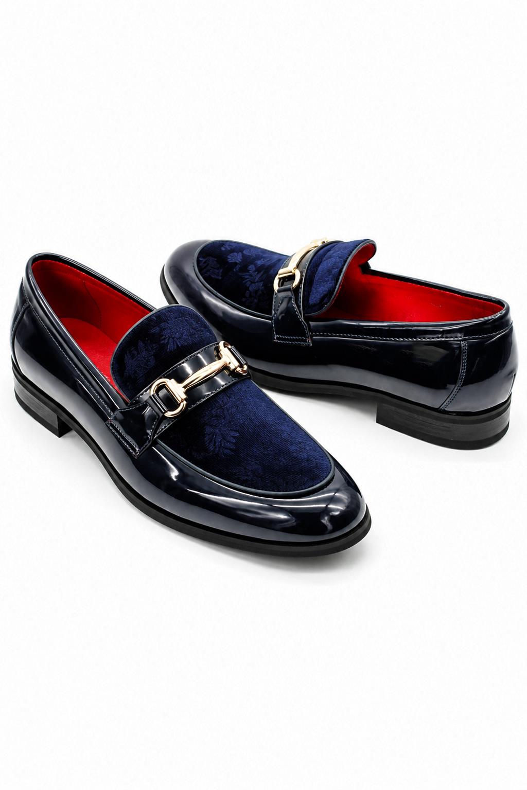 Men's Navy Floral Velvet Patent Snaffle Dress Loafers Sartorial Shoes
