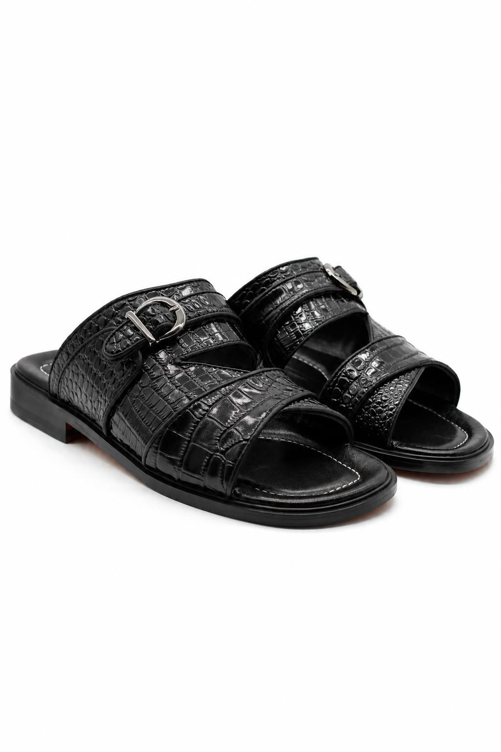 Men’s Ade 2 Black Handmade Real Leather Embossed Sandals Sartorial Shoes