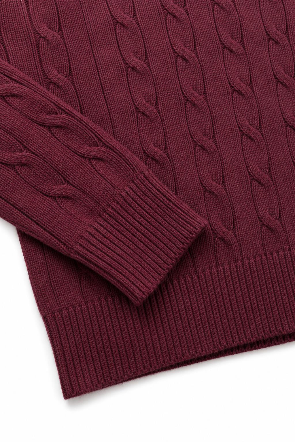 Men's Maroon 100% Cotton Fine Cable Knit Crew Neck Jumper CAVANI