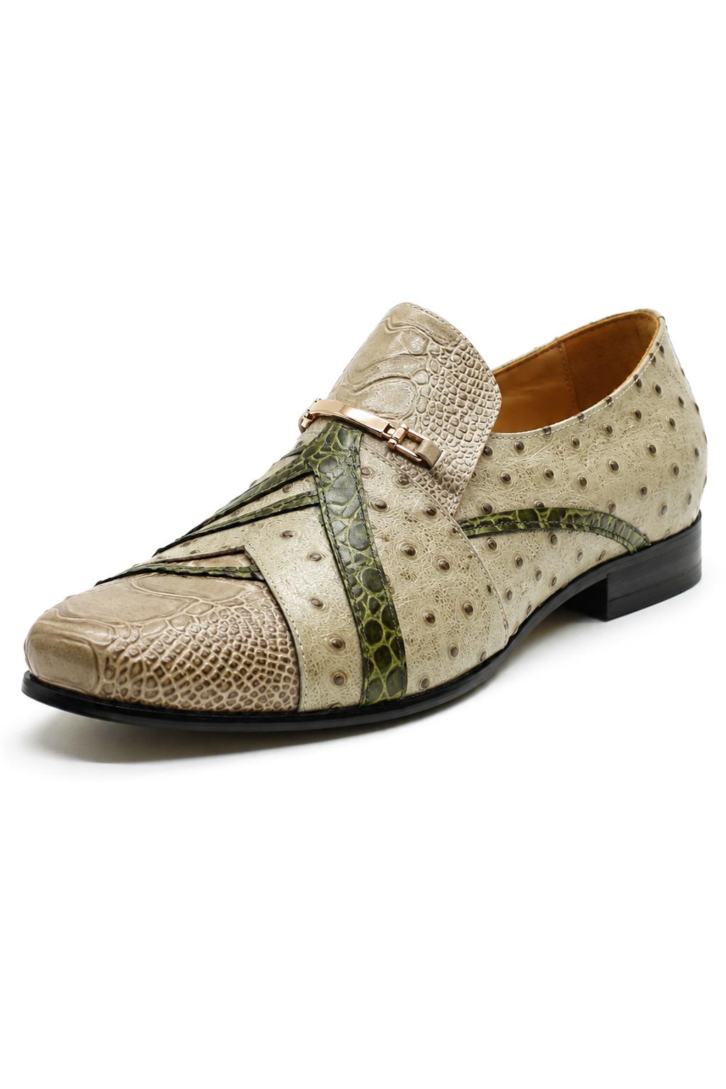 Men’s Cream & Green Snake-Effect Real Leather Loafers Sartorial Shoes