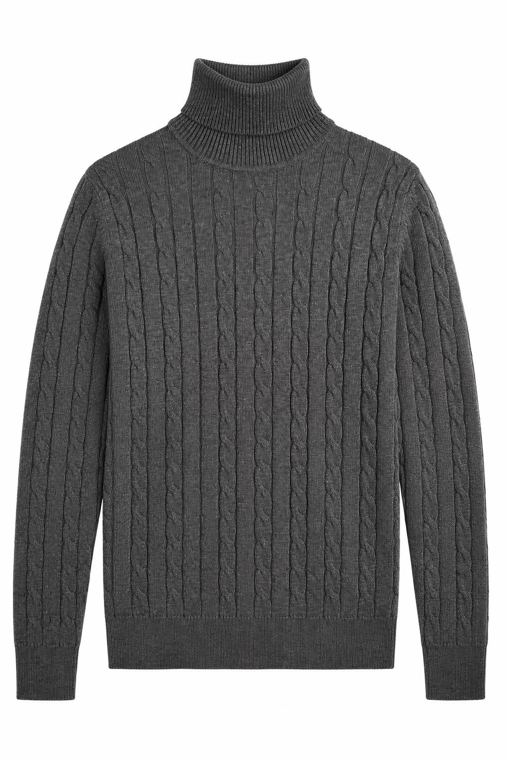 Men's Charcoal Grey 100% Cotton Fine Cable Knit Roll Neck Jumper CAVANI
