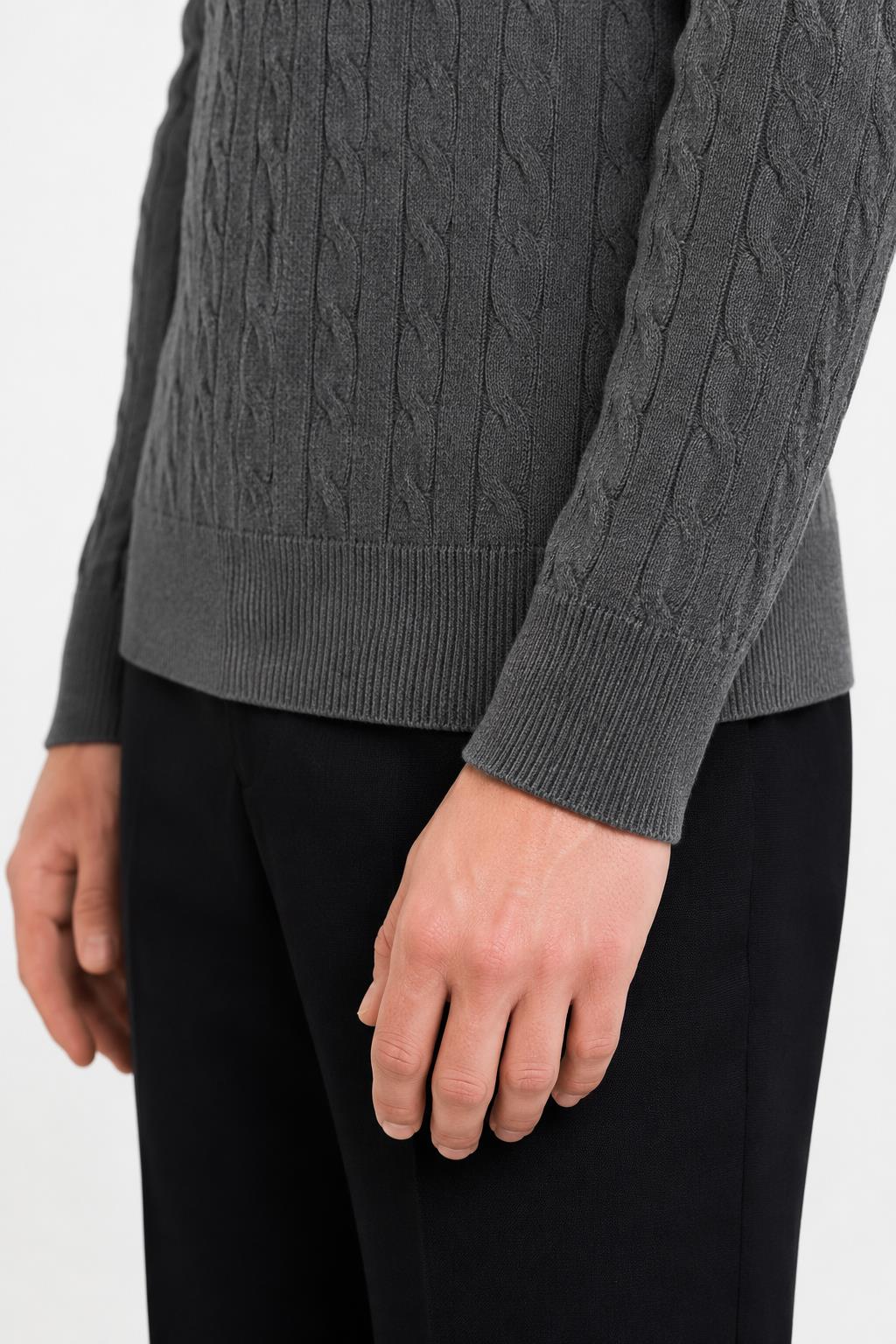 Men's Charcoal Grey 100% Cotton Fine Cable Knit Roll Neck Jumper CAVANI
