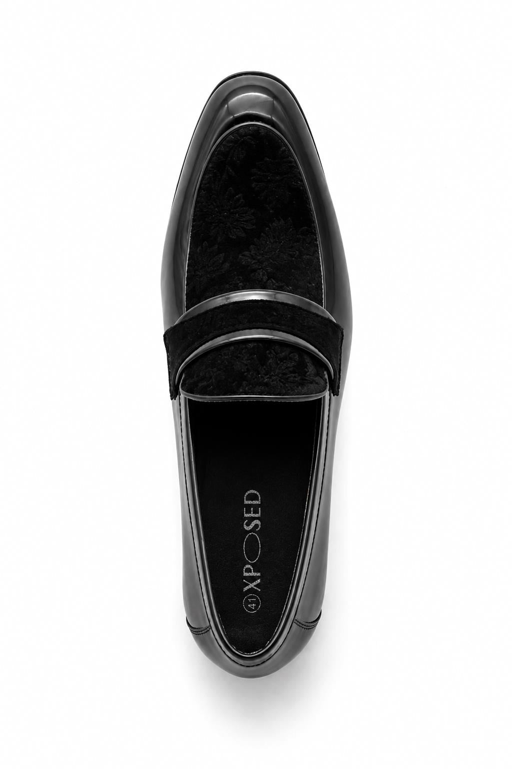 Men's Black Floral Velvet Patent Dress Loafers Sartorial Shoes