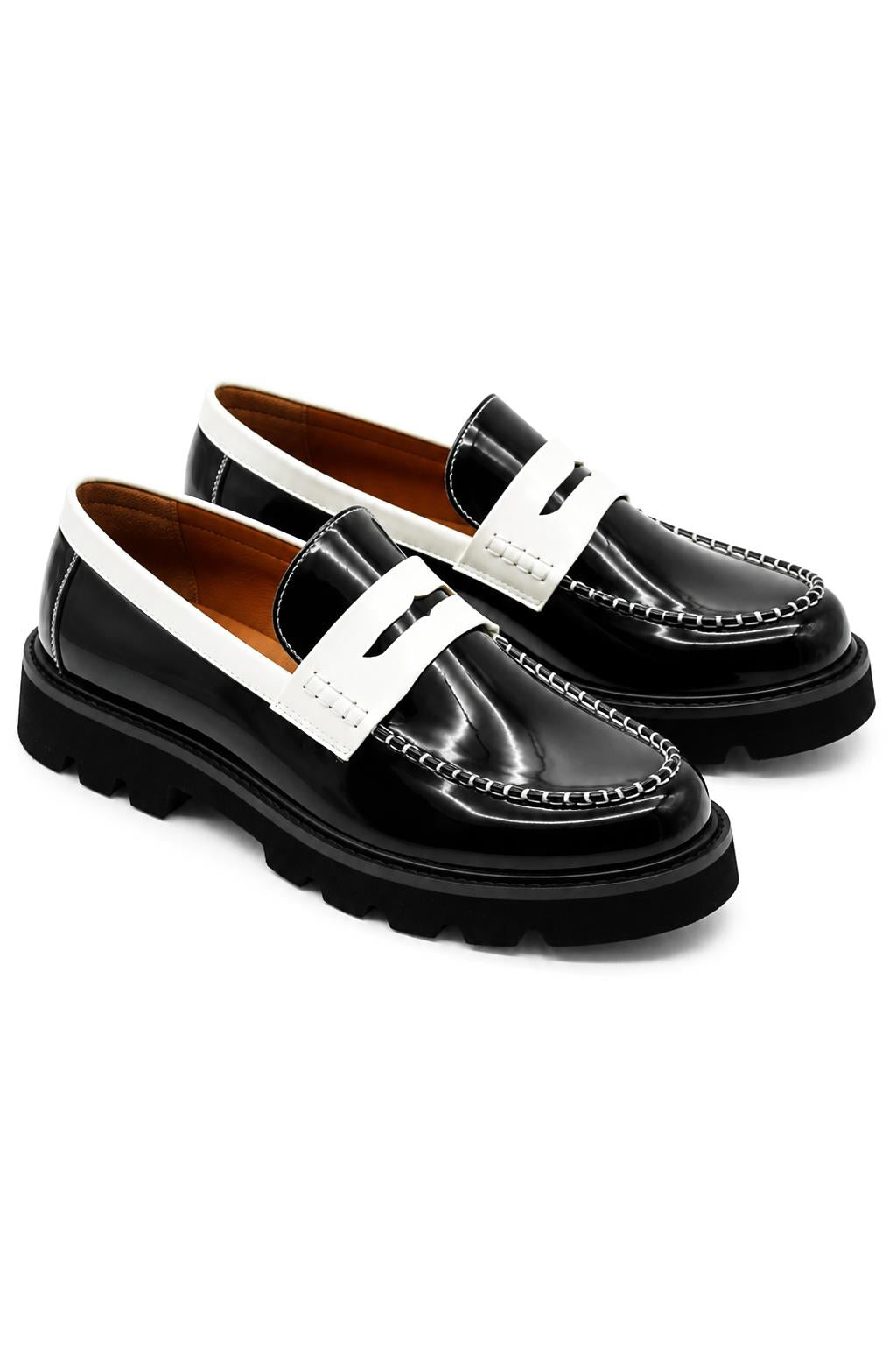 Men's Black & White Patent Chunky Penny Loafers Sartorial Shoes
