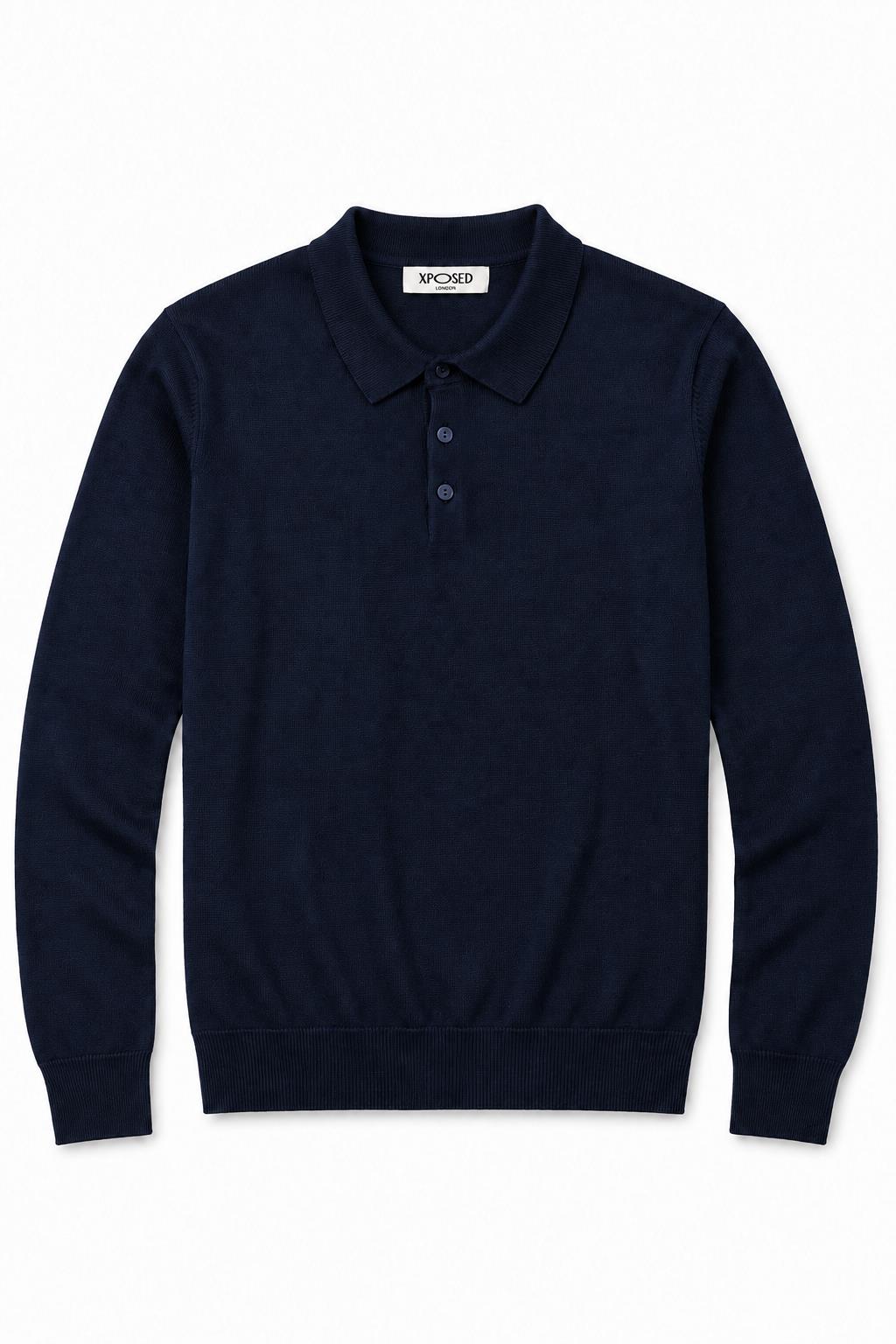 Men's Navy 100% Cotton Fine Knit Button Neck Polo Jumper CAVANI