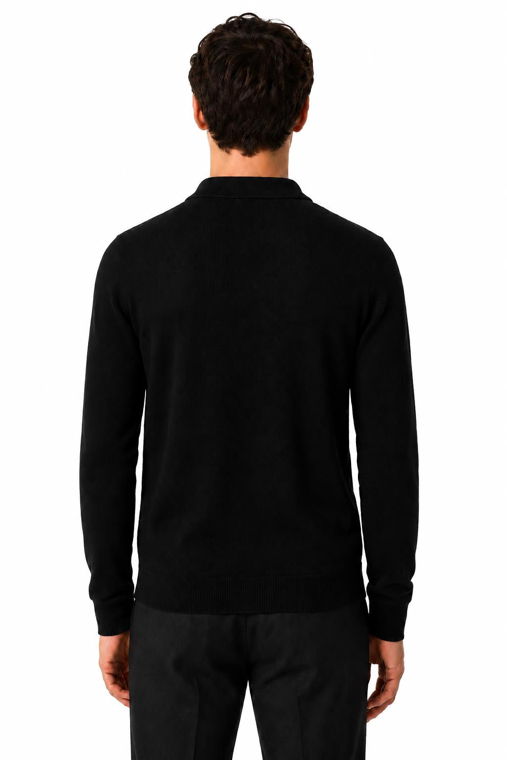 Men's Black 100% Cotton Fine Knit Button Neck Polo Jumper CAVANI