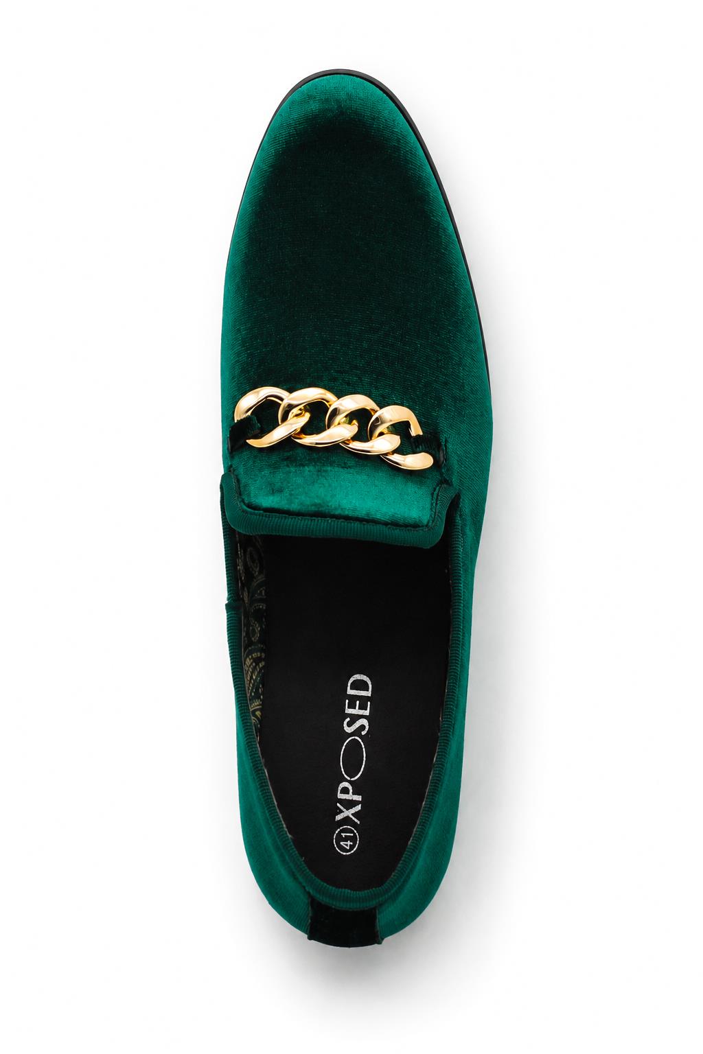 Men's Green Smooth Velvet Gold Chain Dress Loafers Sartorial Shoes
