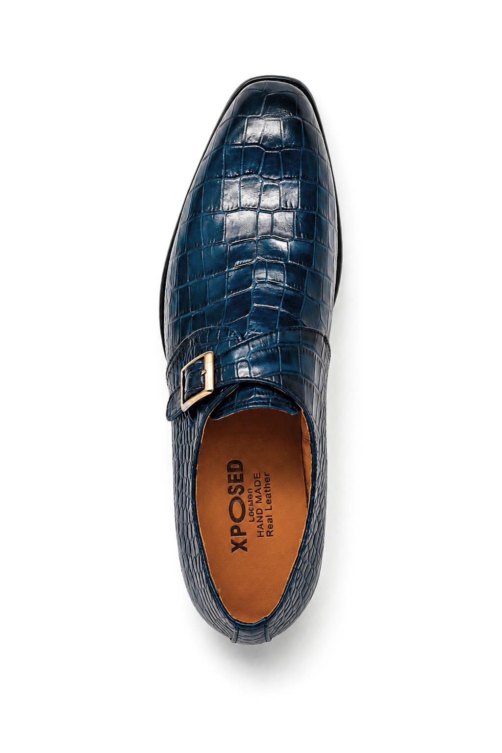 VALE Men’s Dark Blue Croc-Embossed Leather Monk Strap Shoes Sartorial Shoes