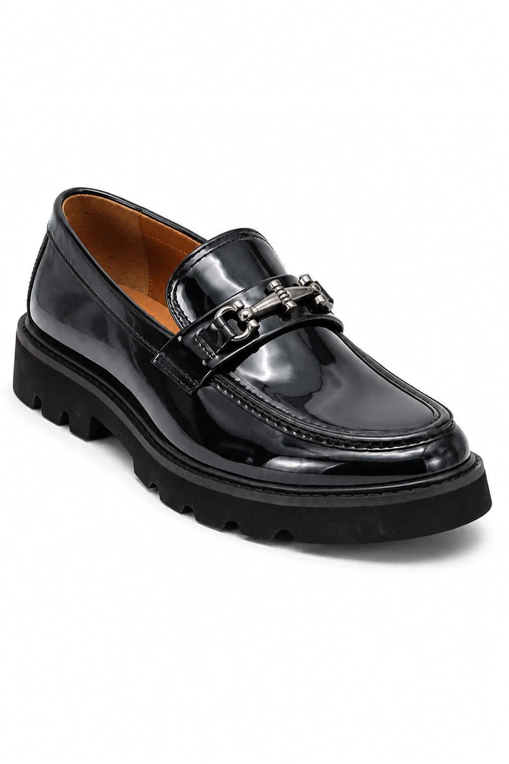Men's Black Patent Faux Leather Snaffle Loafers Sartorial Shoes