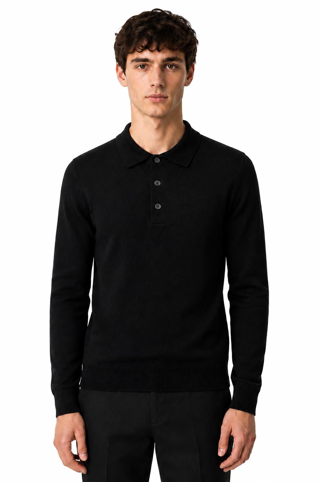 Men's Black 100% Cotton Fine Knit Button Neck Polo Jumper CAVANI