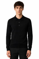 Men's Black 100% Cotton Fine Knit Button Neck Polo Jumper CAVANI