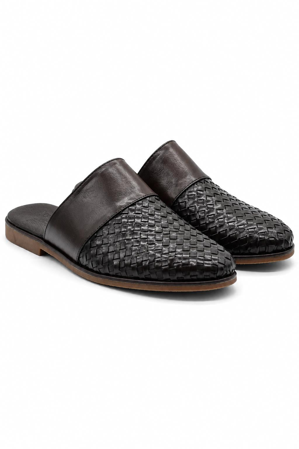 FINO Men’s Coffee Brown Woven Leather Mule Slippers Sartorial Shoes