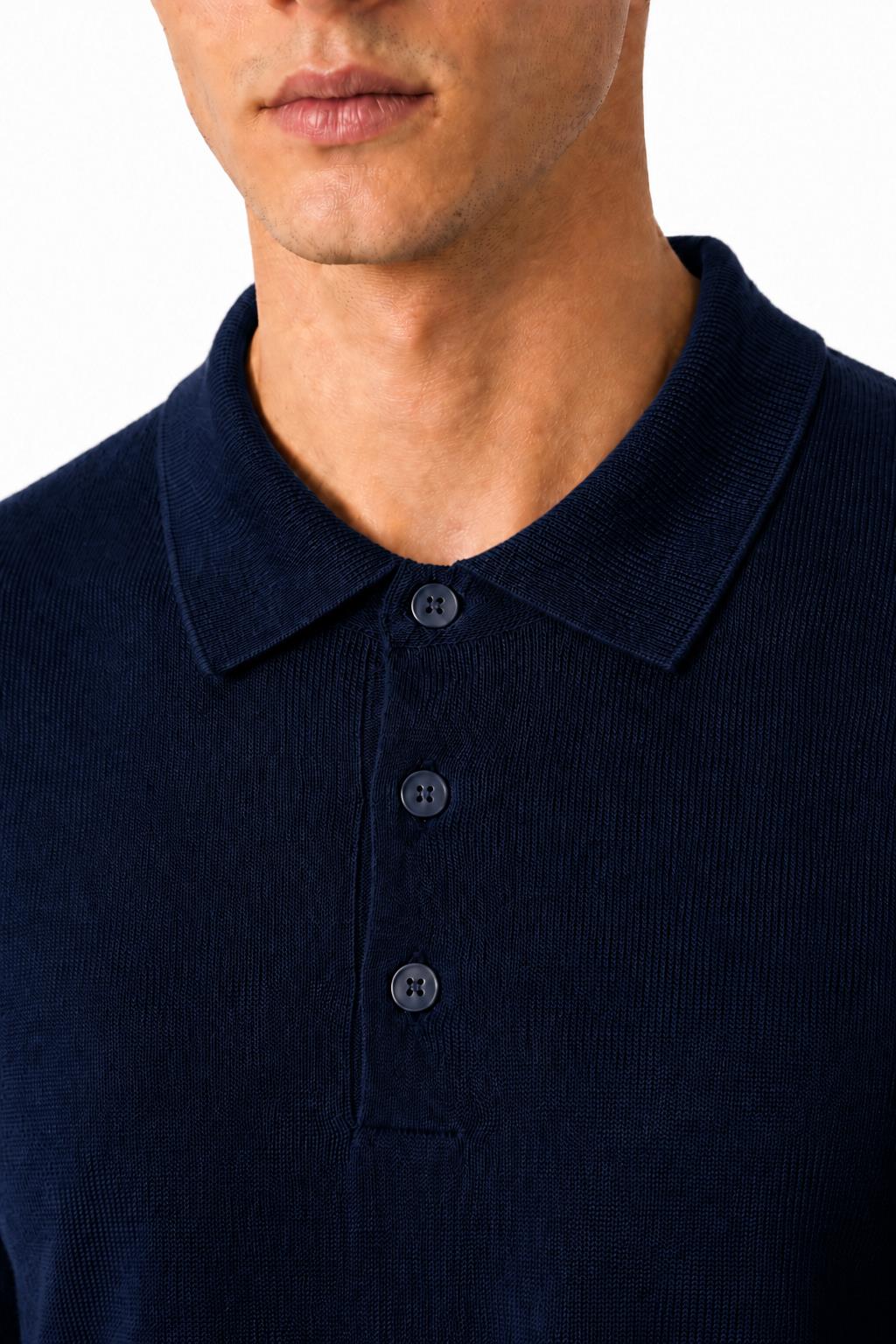 Men's Navy 100% Cotton Fine Knit Button Neck Polo Jumper CAVANI