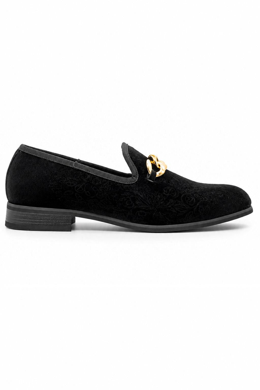 Men's Black Floral Velvet Gold Chain Wedding Loafers Sartorial Shoes