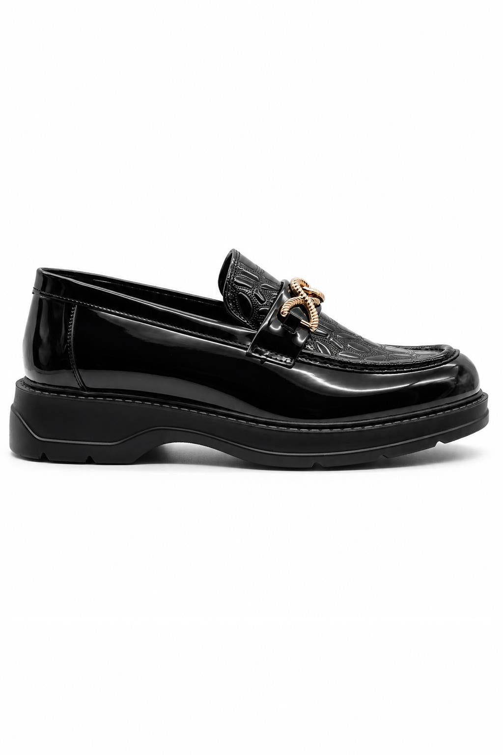 Men's Black Patent Slip-On Loafers Gold Buckle & Chunky Sole Sartorial Shoes