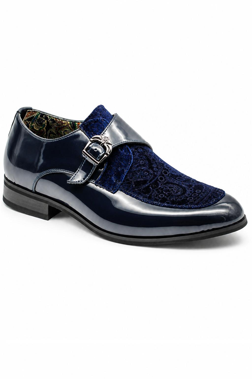 Men's Navy Floral Velvet Monk Strap Dress Shoes Sartorial Shoes