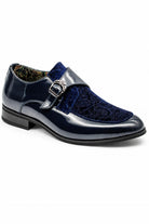 Men's Navy Floral Velvet Monk Strap Dress Shoes Sartorial Shoes