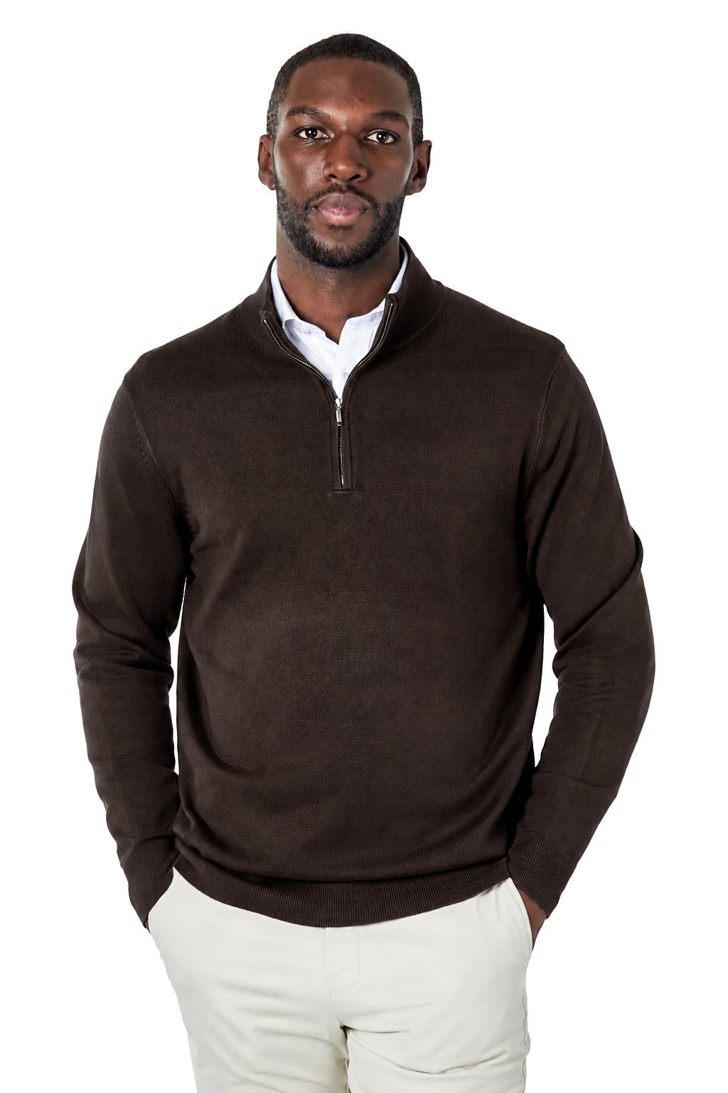 Men's Dark Brown 100% Cotton Fine Knit Quarter Zip Funnel Neck Jumper CAVANI