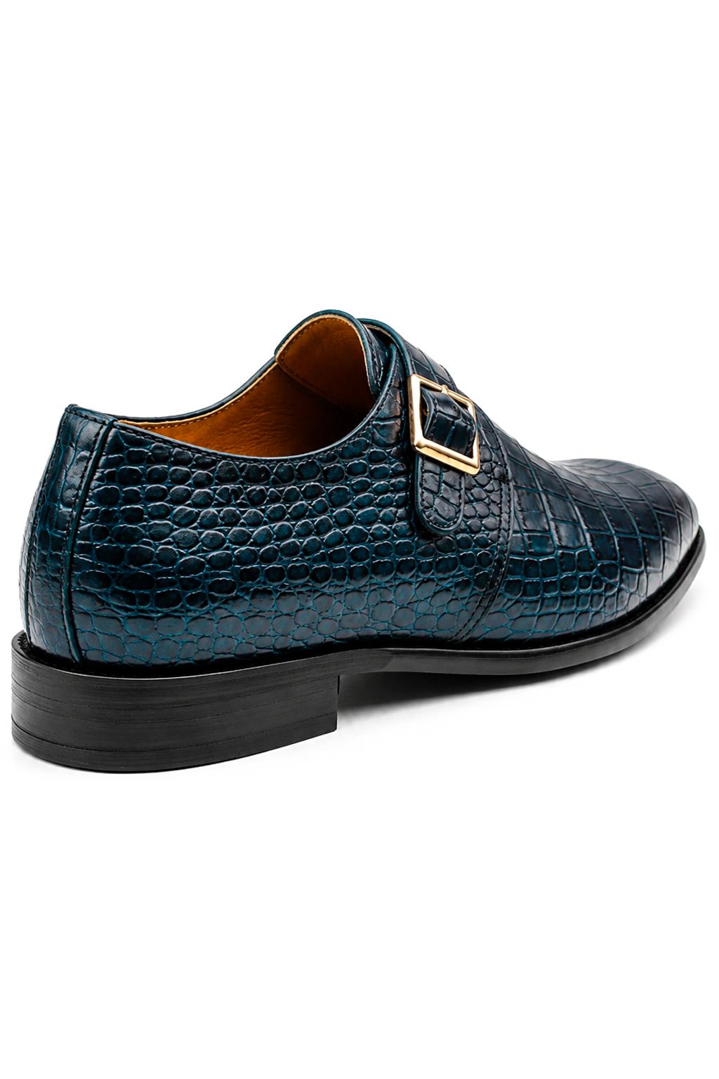 VALE Men’s Dark Blue Croc-Embossed Leather Monk Strap Shoes Sartorial Shoes