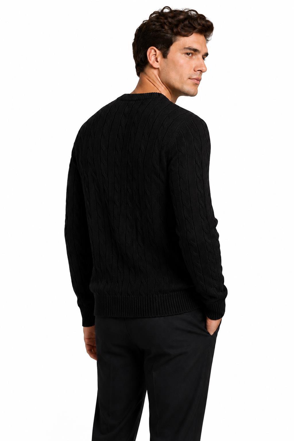 Men's Black 100% Cotton Fine Cable Knit Crew Neck Jumper CAVANI