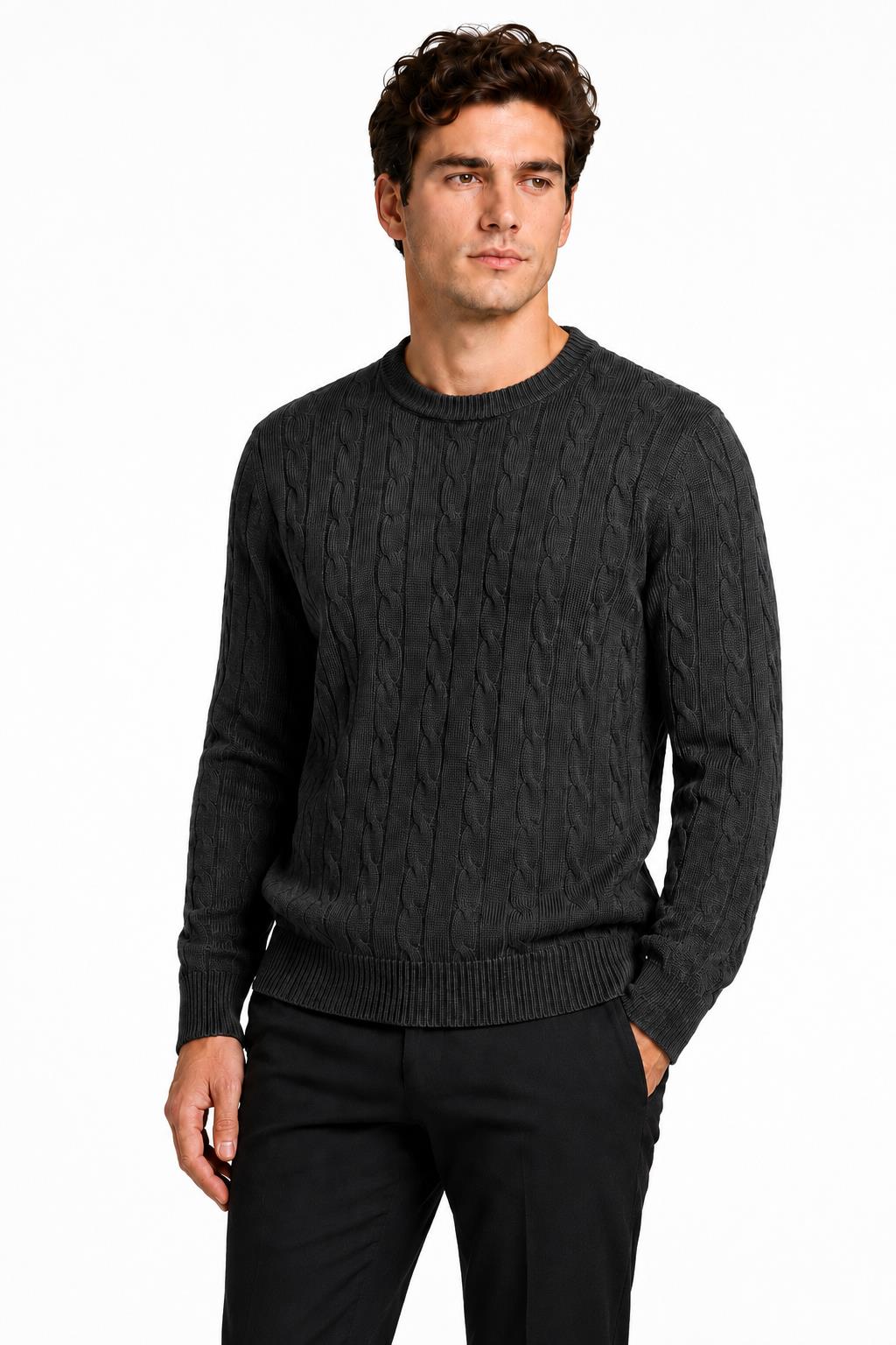 Men's Charcoal Grey 100% Cotton Fine Cable Knit Crew Neck Jumper CAVANI