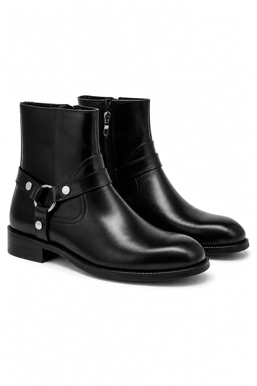 DIEGO Men’s Black Polished Leather Side Zip Ankle Biker Boots Sartorial Shoes