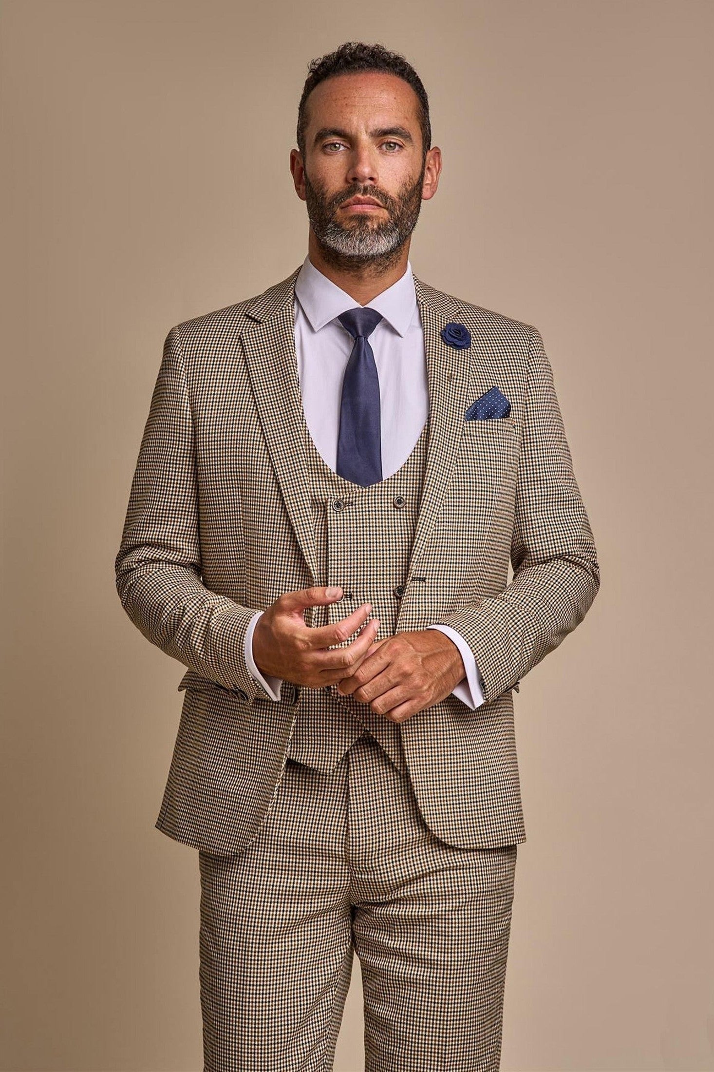 MENS ELWOOD HOUNDSTOOTH TAN THREE PIECE SUIT CAVANI