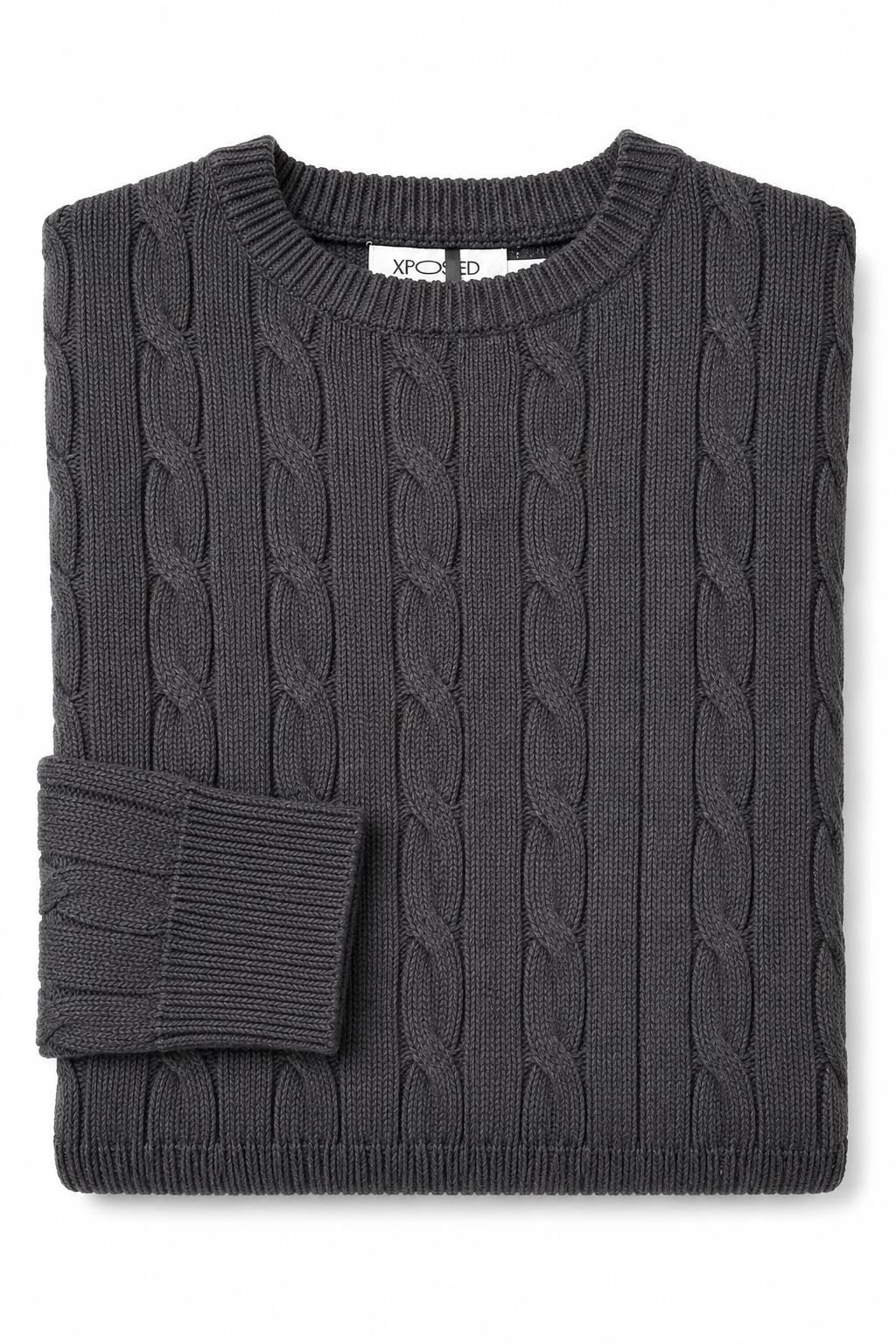 Men's Charcoal Grey 100% Cotton Fine Cable Knit Crew Neck Jumper CAVANI