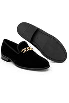 Men's Black Smooth Velvet Gold Chain Dress Loafers Sartorial Shoes