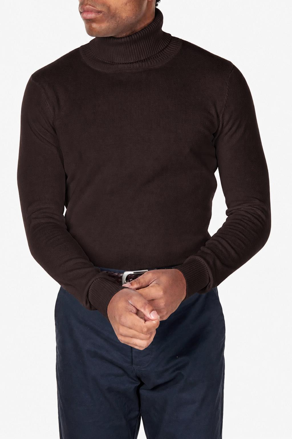 Men's Dark Brown 100% Cotton Fine Knit Roll Neck Jumper CAVANI
