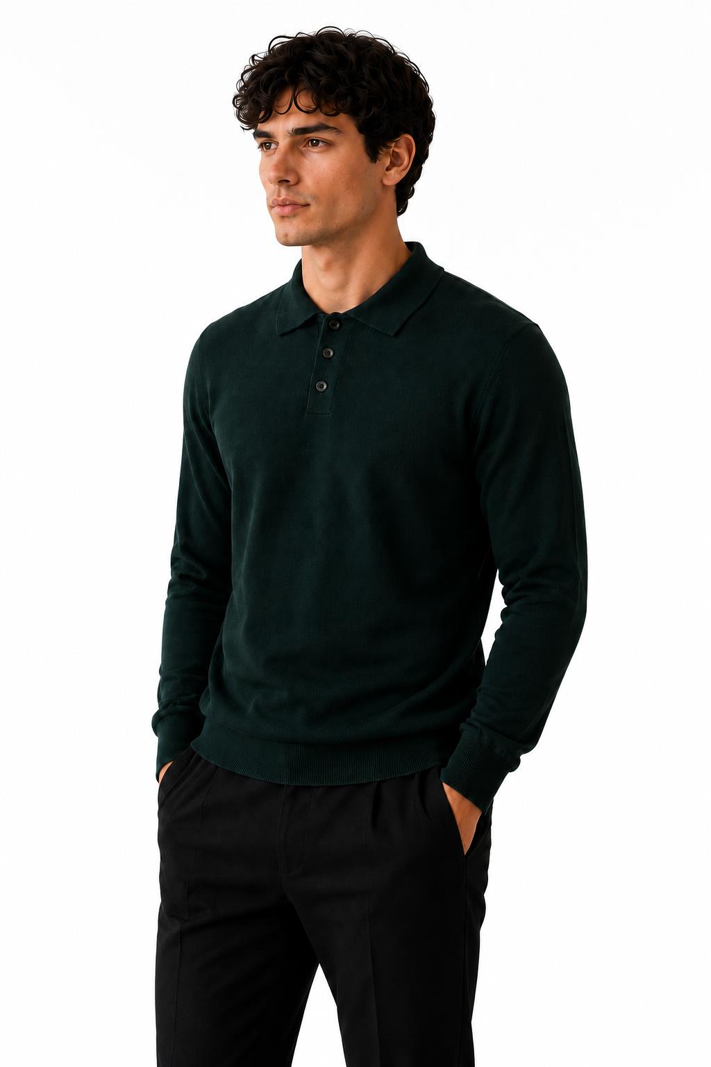 Men's Green 100% Cotton Fine Knit Button Neck Polo Jumper CAVANI