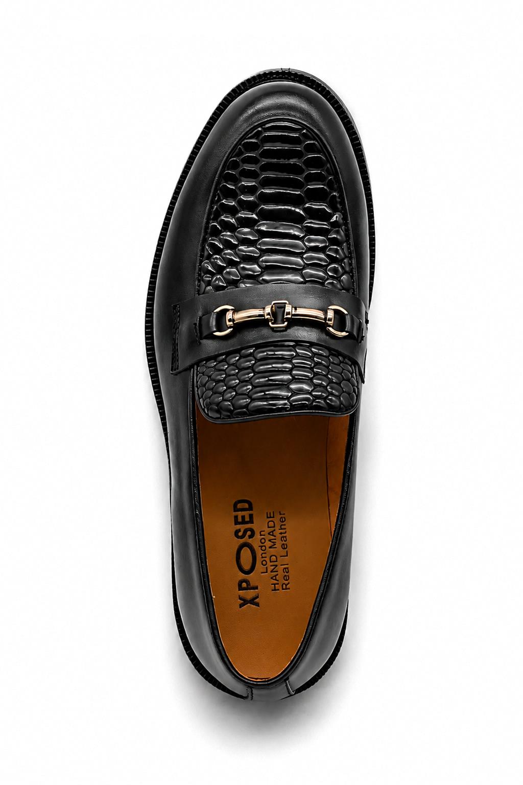 ASCOT Men’s Black Snake-Effect Leather Snaffle Loafers Sartorial Shoes