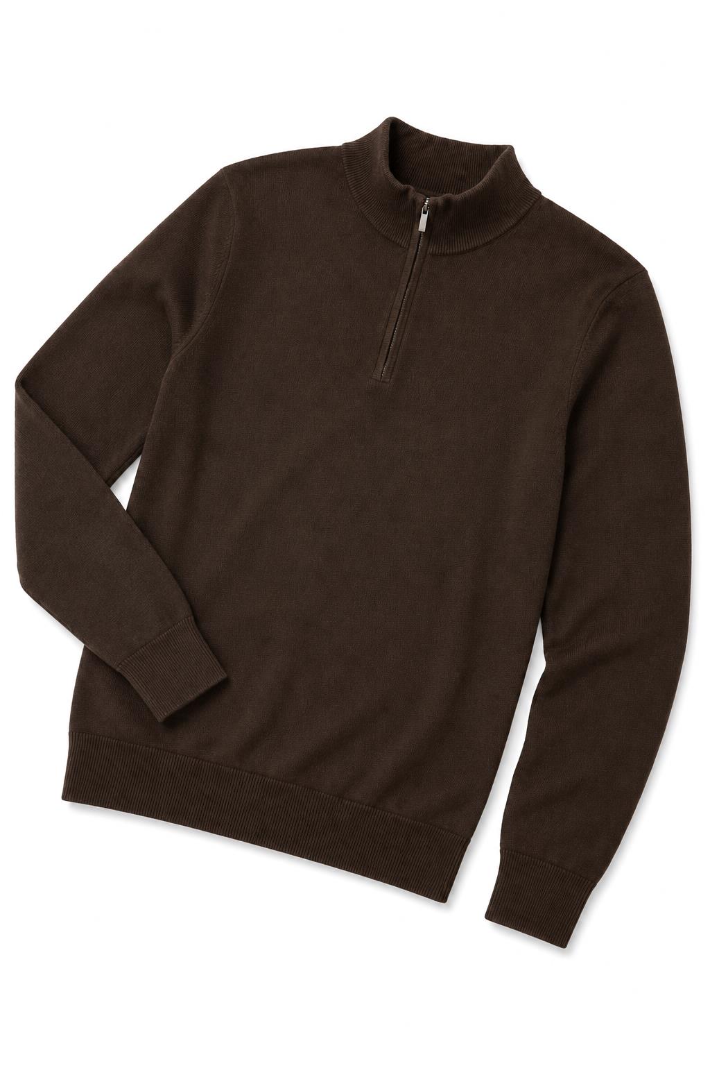 Men's Dark Brown 100% Cotton Fine Knit Quarter Zip Funnel Neck Jumper CAVANI