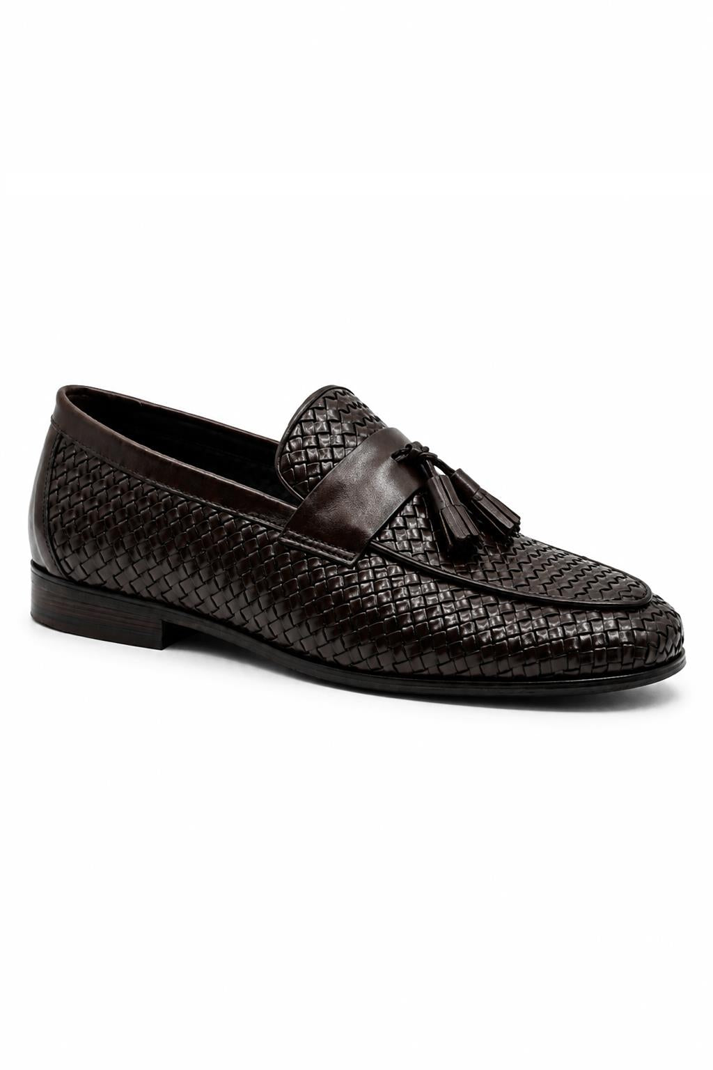DIVO Men’s Brown Handmade Woven Leather Tassel Loafers Sartorial Shoes