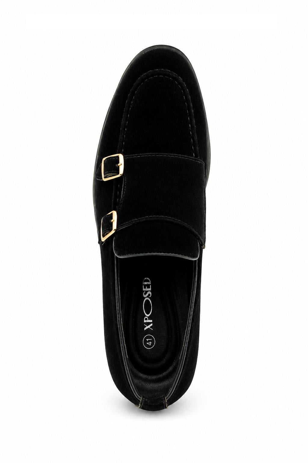 Men's Black Faux Suede Double Monk Strap Loafers Sartorial Shoes