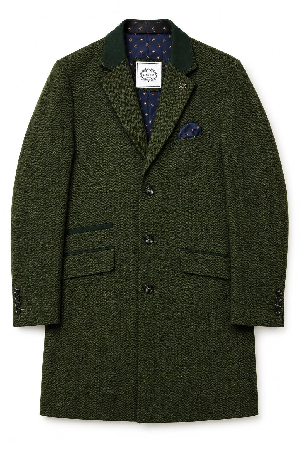 Men's Olive Green Herringbone Wool Blend Tailored Fit Overcoat CAVANI