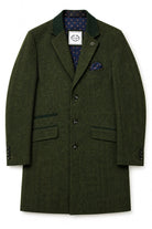Men's Olive Green Herringbone Wool Blend Tailored Fit Overcoat CAVANI