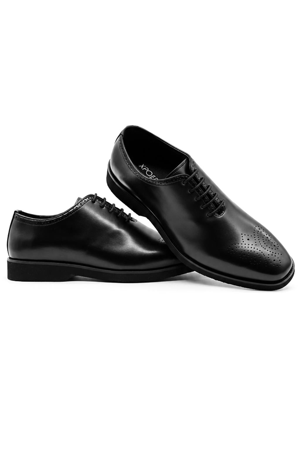Men's Black Faux Leather Whole-Cut Oxford Brogue Shoes Sartorial Shoes