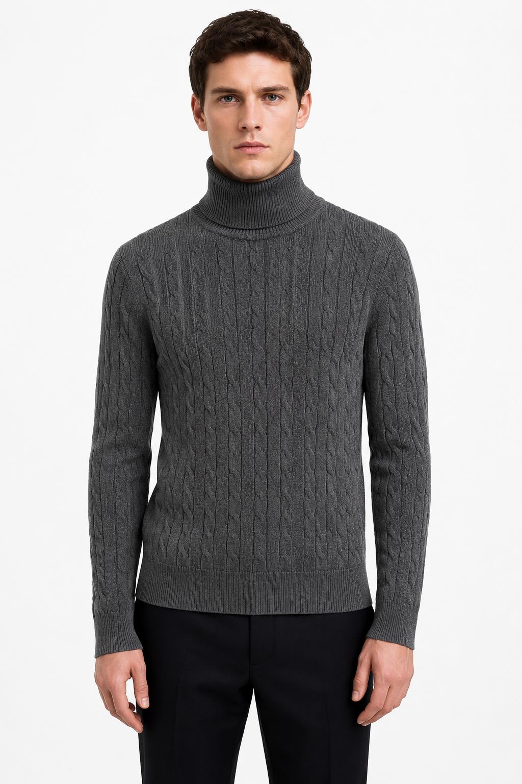 Men's Charcoal Grey 100% Cotton Fine Cable Knit Roll Neck Jumper CAVANI